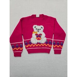Vintage Sure Fun Kids Sweater Size M 5/6 Pink‎ Teddy Bear Heart Acrylic Knit